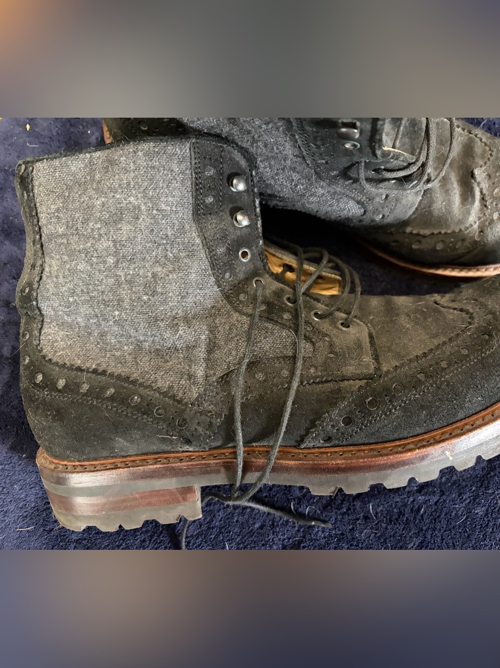 Barneys New York Black Suede and Gray Wool Chukka Boots